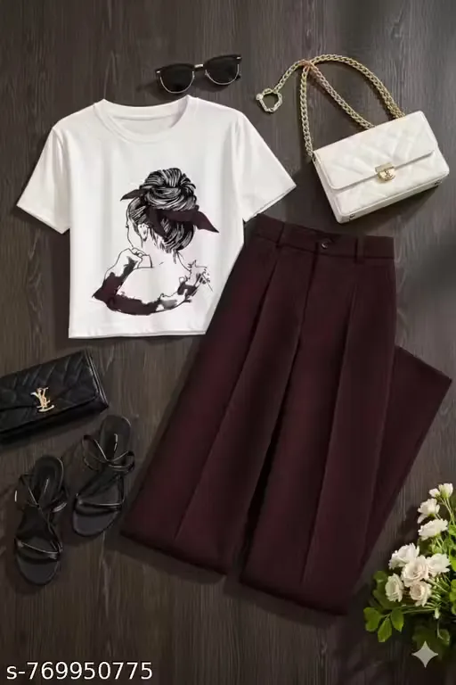 Girls' White Graphic T-Shirt with Brown Pants Set