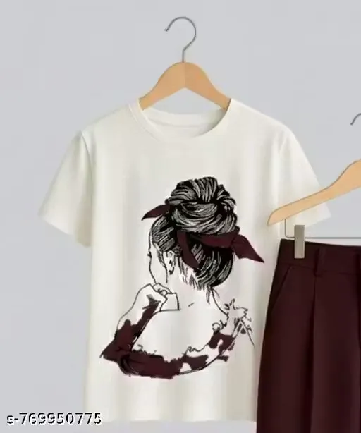 Girls' White Graphic T-Shirt with Brown Pants Set