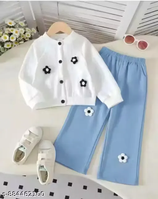 Kids' White Floral Top with Blue Pants Set